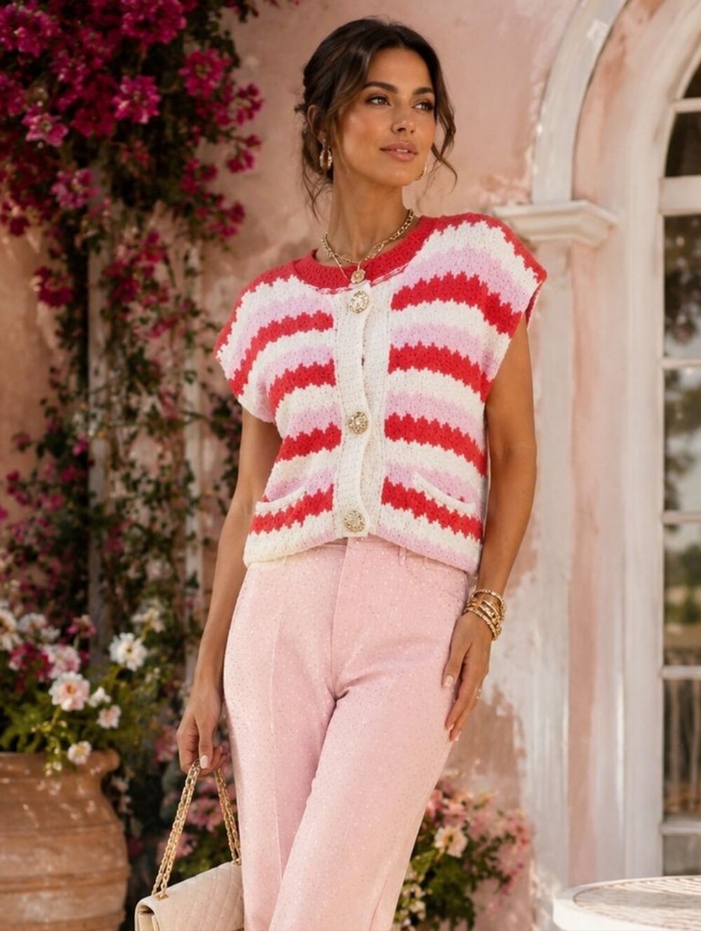 SM 14 Made In Italy Wool Blend Striped Pink & Red Knit Button-Front Sweater Vest